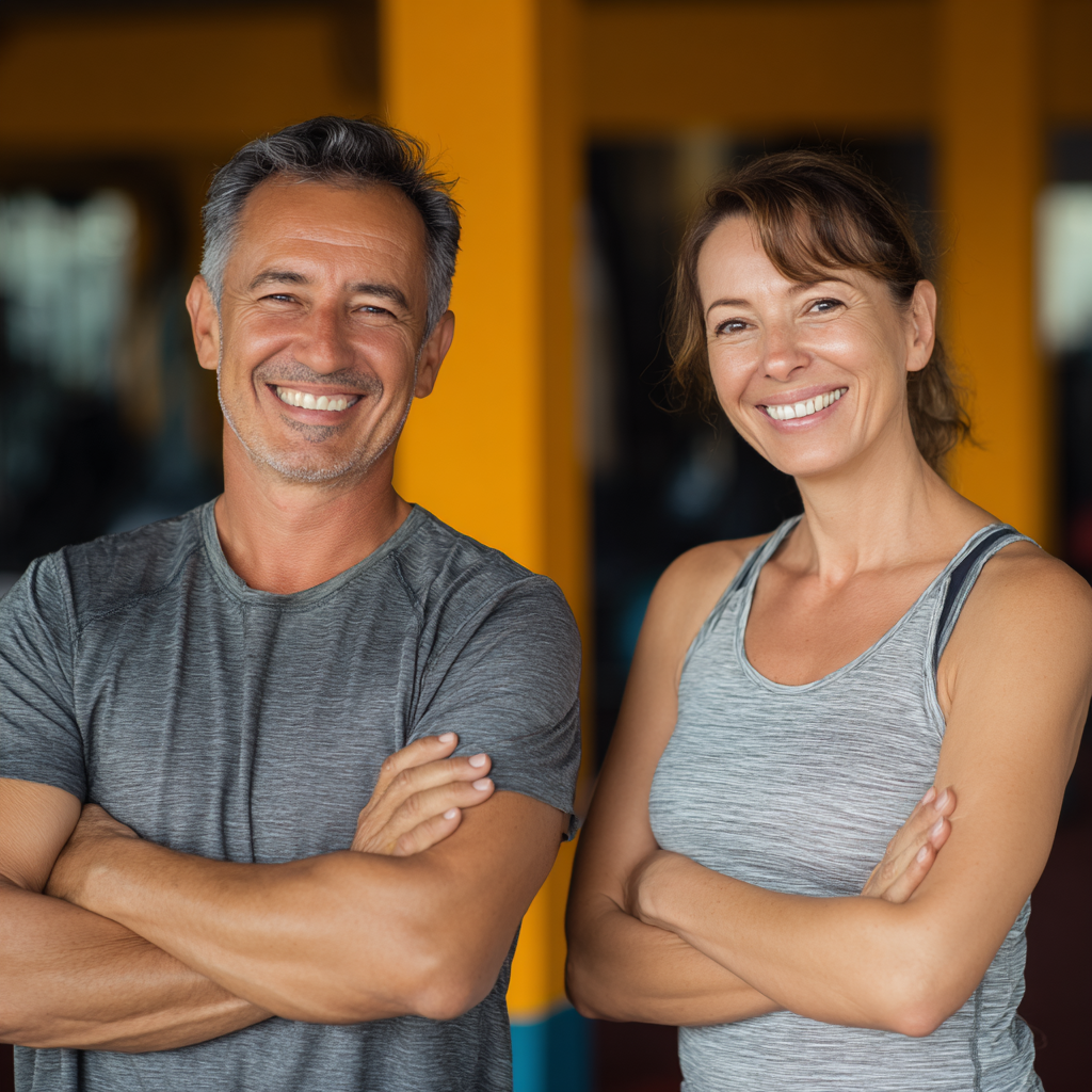 Fiatal magyar nő és középkorú férfi egészséges ételeket fogyaszt edzőterem kávézójában, mindketten elégedettek és mosolyognak